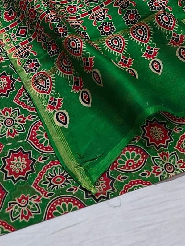 Indiehaat | Chanderi Silk Ajrakh Print Saree Green