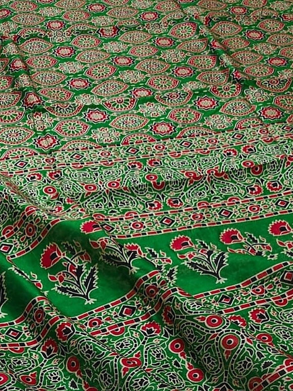Indiehaat | Chanderi Silk Ajrakh Print Saree Green