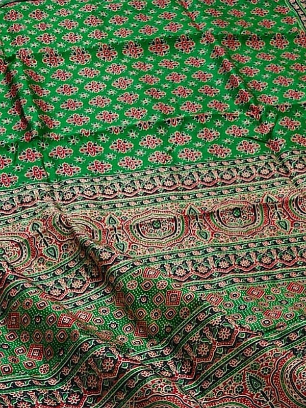 Indiehaat | Chanderi Silk Ajrakh Print Saree Green