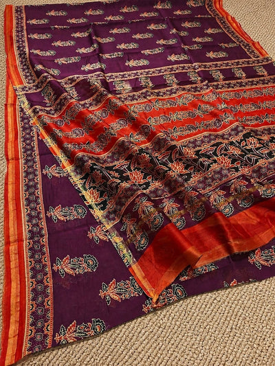 Indiehaat | Chanderi Silk Ajrakh Print Saree Purple