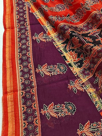 Indiehaat | Chanderi Silk Ajrakh Print Saree Purple