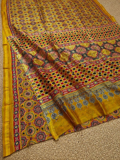 Indiehaat | Chanderi Silk Ajrakh Print Saree Yellow