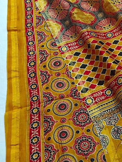 Indiehaat | Chanderi Silk Ajrakh Print Saree Yellow