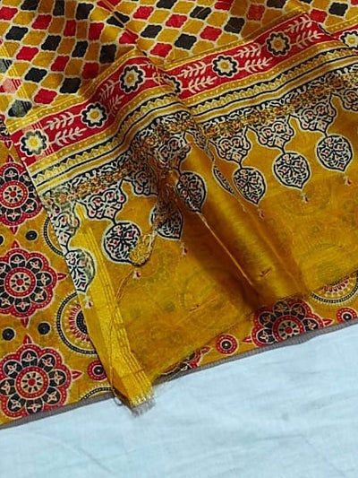 Indiehaat | Chanderi Silk Ajrakh Print Saree Yellow