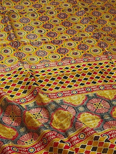 Indiehaat | Chanderi Silk Ajrakh Print Saree Yellow