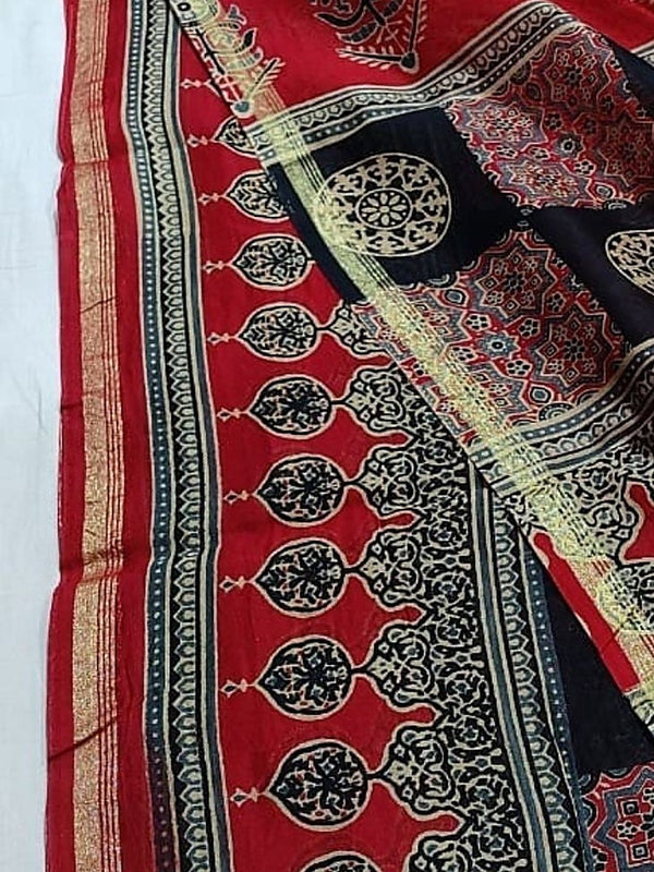 Indiehaat | Chanderi Silk Ajrakh Print Saree Red