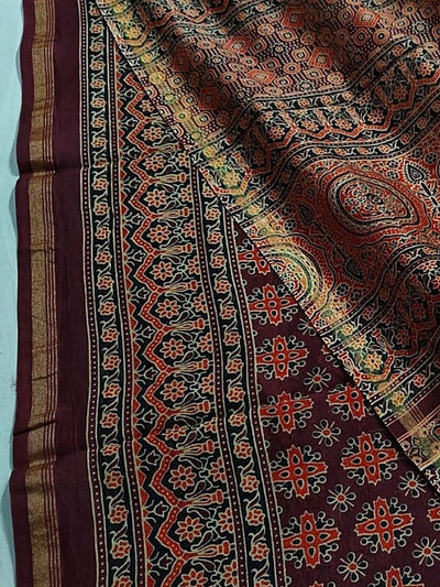 Indiehaat | Chanderi Silk Ajrakh Print Saree Red