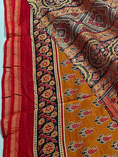 Indiehaat | Chanderi Silk Ajrakh Print Saree Yellow