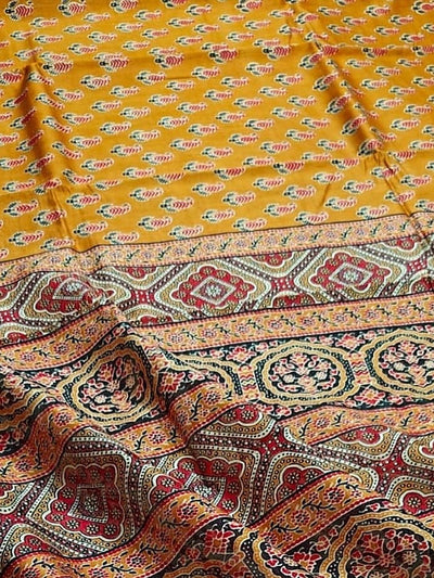 Indiehaat | Chanderi Silk Ajrakh Print Saree Yellow