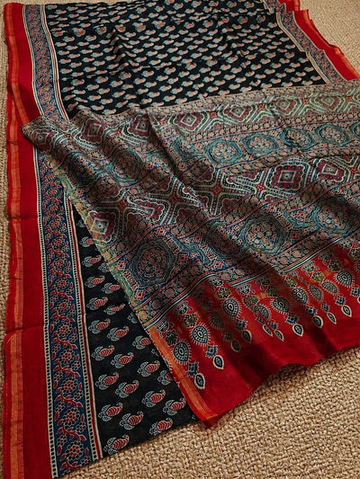 Indiehaat | Chanderi Silk Ajrakh Print Saree Black