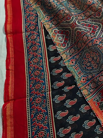 Indiehaat | Chanderi Silk Ajrakh Print Saree Black
