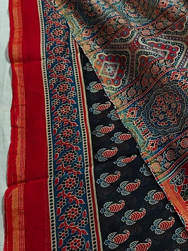 Indiehaat | Chanderi Silk Ajrakh Print Saree Black