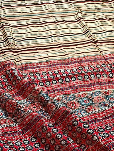 Indiehaat | Chanderi Silk Ajrakh Print Saree Beige