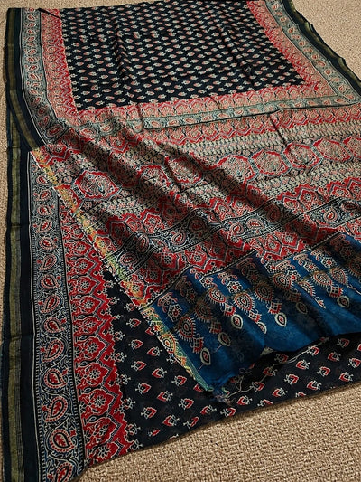 Indiehaat | Chanderi Silk Ajrakh Print Saree Black