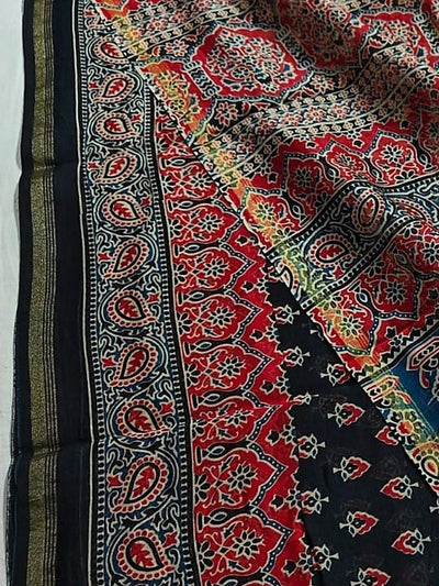 Indiehaat | Chanderi Silk Ajrakh Print Saree Black