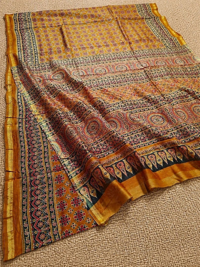 Indiehaat | Chanderi Silk Ajrakh Print Saree Yellow