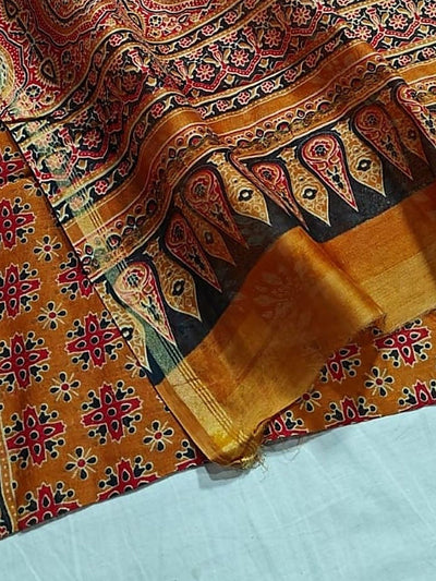 Indiehaat | Chanderi Silk Ajrakh Print Saree Yellow