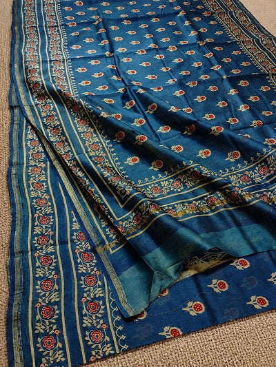 Indiehaat | Chanderi Silk Ajrakh Print Saree Blue