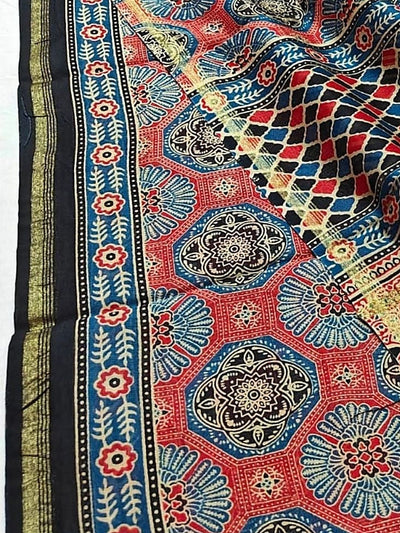 Indiehaat | Chanderi Silk Ajrakh Print Saree Multicolor