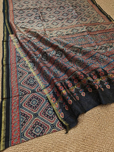 Indiehaat | Chanderi Silk Ajrakh Print Saree Black