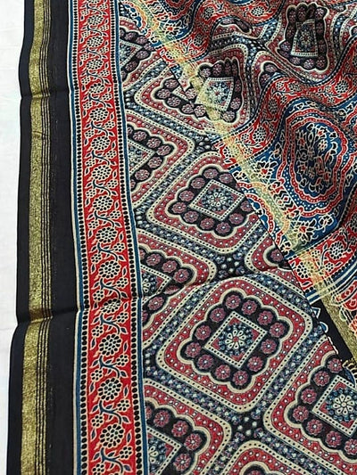 Indiehaat | Chanderi Silk Ajrakh Print Saree Black
