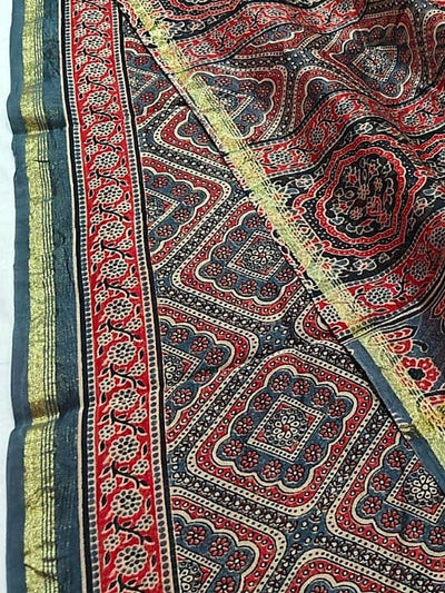 Indiehaat | Chanderi Silk Ajrakh Print Saree Multicolor
