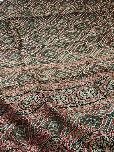 Indiehaat | Chanderi Silk Ajrakh Print Saree Green