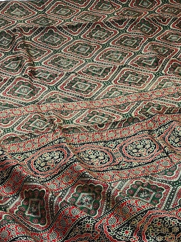 Indiehaat | Chanderi Silk Ajrakh Print Saree Green