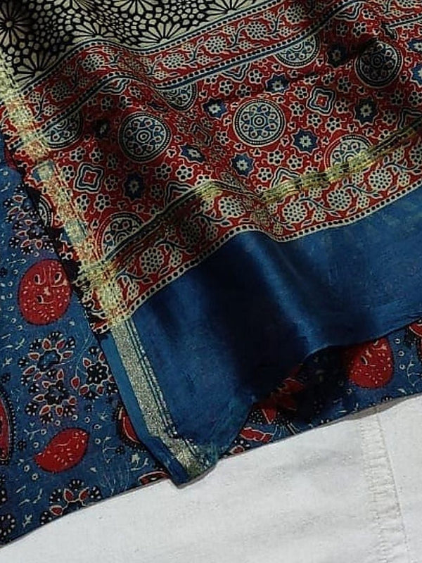 Indiehaat | Chanderi Silk Ajrakh Print Saree Blue