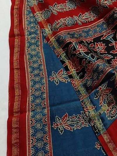 Indiehaat | Chanderi Silk Ajrakh Print Saree Blue
