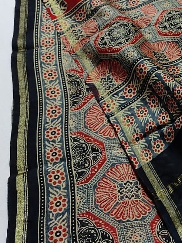 Indiehaat | Chanderi Silk Ajrakh Print Saree Red