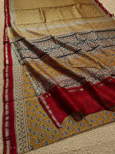 Indiehaat | Chanderi Silk Ajrakh Print Saree Yellow