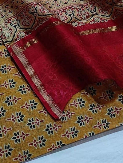 Indiehaat | Chanderi Silk Ajrakh Print Saree Yellow