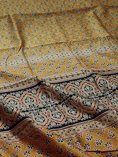 Indiehaat | Chanderi Silk Ajrakh Print Saree Yellow