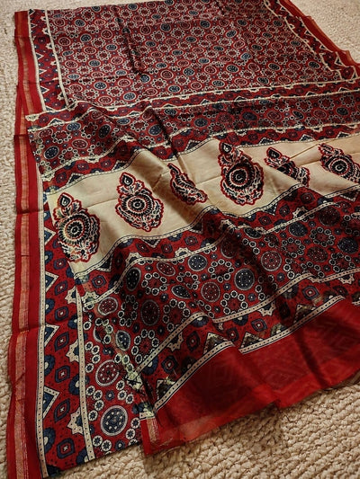 Indiehaat | Chanderi Silk Ajrakh Print Saree Brown