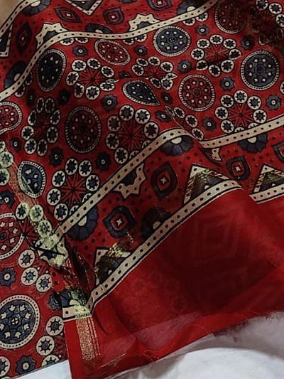 Indiehaat | Chanderi Silk Ajrakh Print Saree Brown