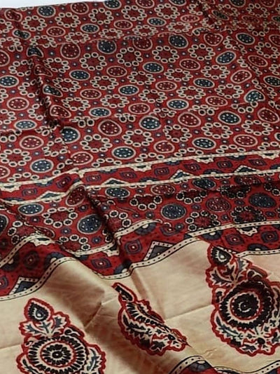 Indiehaat | Chanderi Silk Ajrakh Print Saree Brown