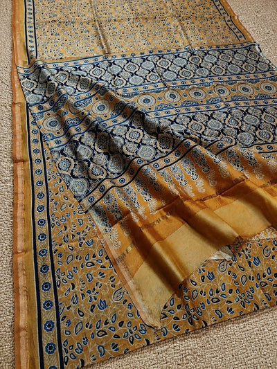 Indiehaat | Chanderi Silk Ajrakh Print Saree Yellow