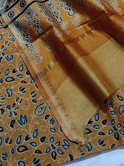 Indiehaat | Chanderi Silk Ajrakh Print Saree Yellow