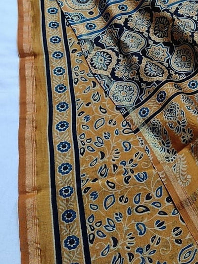 Indiehaat | Chanderi Silk Ajrakh Print Saree Yellow