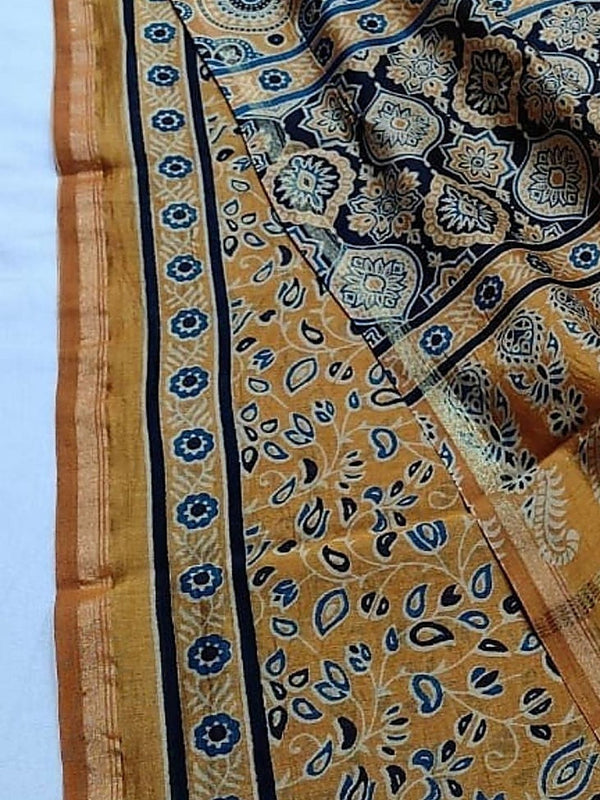 Indiehaat | Chanderi Silk Ajrakh Print Saree Yellow