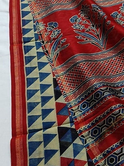 Indiehaat | Chanderi Silk Ajrakh Print Saree Beige
