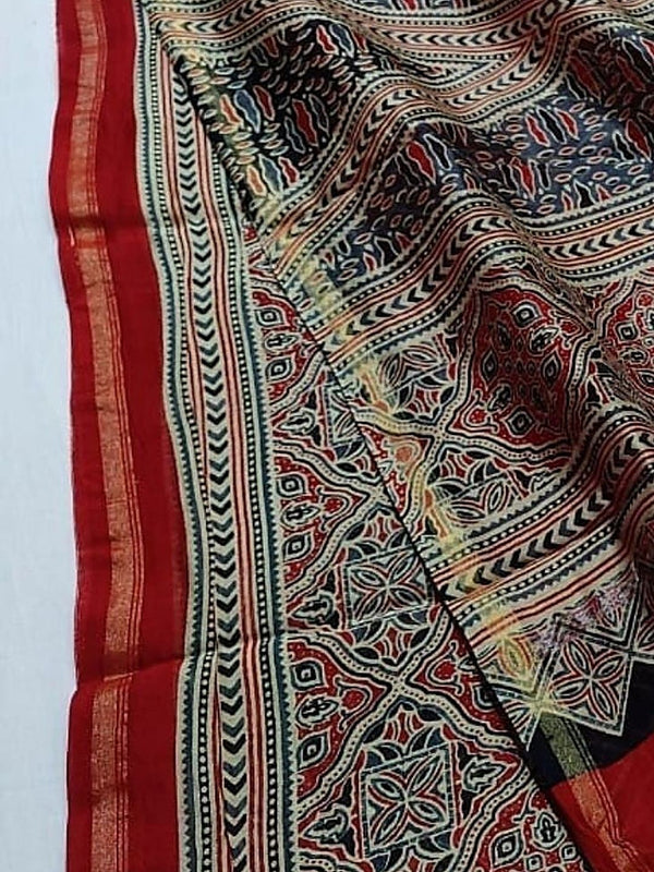 Indiehaat | Chanderi Silk Ajrakh Print Saree Multicolor
