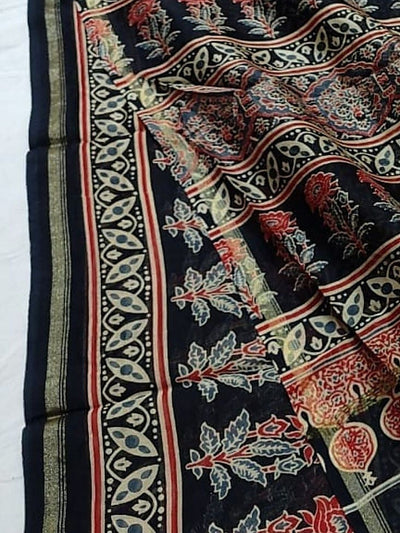 Indiehaat | Chanderi Silk Ajrakh Print Saree Black