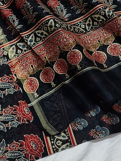 Indiehaat | Chanderi Silk Ajrakh Print Saree Black