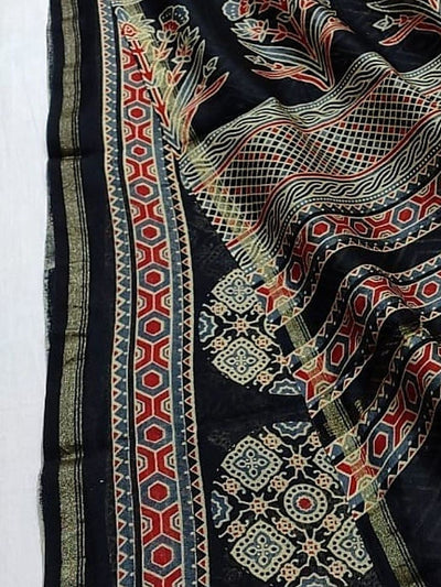 Indiehaat | Chanderi Silk Ajrakh Print Saree Black