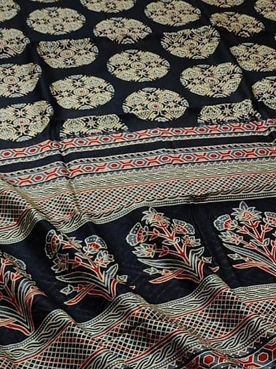 Indiehaat | Chanderi Silk Ajrakh Print Saree Black