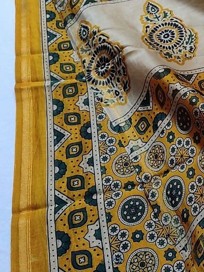 Indiehaat | Chanderi Silk Ajrakh Print Saree Yellow