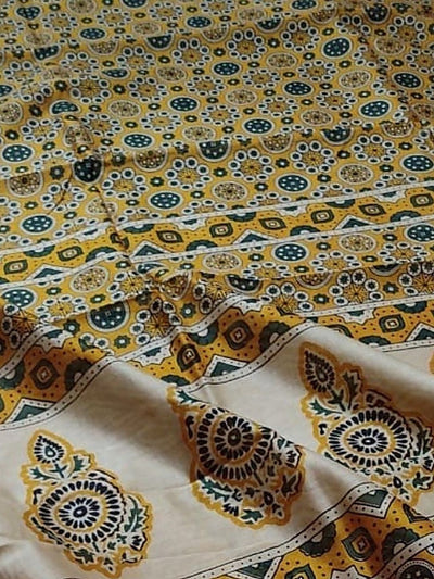 Indiehaat | Chanderi Silk Ajrakh Print Saree Yellow