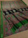 Indiehaat | Chanderi Silk Ajrakh Print Saree Green